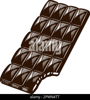 Ein dunkler Schokoladenriegel, ein abgebissener dunkler Schokoladenriegel, eine Ikone mit einem Schokoladenriegel auf weißem Hintergrund. Dekorelemente für Muster, Verpackungen, Stock Vektor