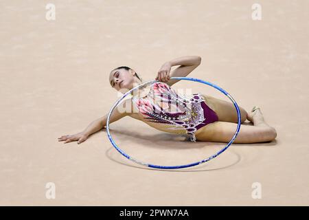 Turin, Italien, Italien. 30. April 2023. Italien, Turin 30/04/23 .Pala Gianni Asti aus Turin .Finale sechs der Nationalen Rhythmischen Turnmeisterschaft Serie A 2023.Chiara Puosi.motto Viareggio.Circle (Bild: © Tonello Abozzi/Pacific Press via ZUMA Press Wire) NUR REDAKTIONELLE VERWENDUNG! Nicht für den kommerziellen GEBRAUCH! Stockfoto