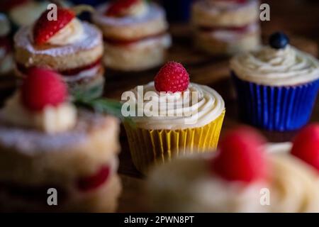 Wunderschöne Mini-Victoria-Schwämme und Cupcakes auf gewürzten Holzbrettern, ausgewählter Fokus Stockfoto