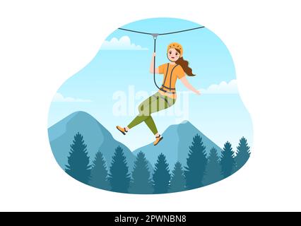 Seilrutschen-Illustration mit Besuchern, die auf einem Hindernisparcours spazieren gehen, und Outdoor Rope Adventure Park in Forest in Flat Cartoon Hand Drawn Templates Stockfoto