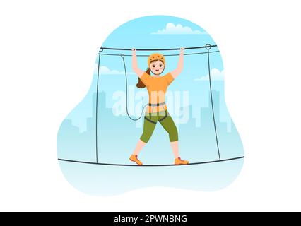 Seilrutschen-Illustration mit Besuchern, die auf einem Hindernisparcours spazieren gehen, und Outdoor Rope Adventure Park in Forest in Flat Cartoon Hand Drawn Templates Stockfoto