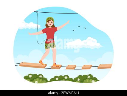 Seilrutschen-Illustration mit Besuchern, die auf einem Hindernisparcours spazieren gehen, und Outdoor Rope Adventure Park in Forest in Flat Cartoon Hand Drawn Templates Stockfoto