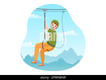 Seilrutschen-Illustration mit Besuchern, die auf einem Hindernisparcours spazieren gehen, und Outdoor Rope Adventure Park in Forest in Flat Cartoon Hand Drawn Templates Stockfoto