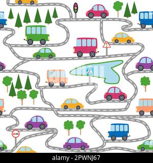 Autos, Busse, Züge, Häuser und Straßen, stadtnahes kindliches Muster. Hübsche Illustrationen für das Design des Kinderzimmers, Postkarten, Kleidung Stock Vektor
