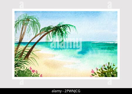 Aquarellfotografie von Landschaften. Trendige minimalistische Aquarellbilder. Originalgemälde der Natur mit Aquarellen. Landschaftshintergrund. Stockfoto