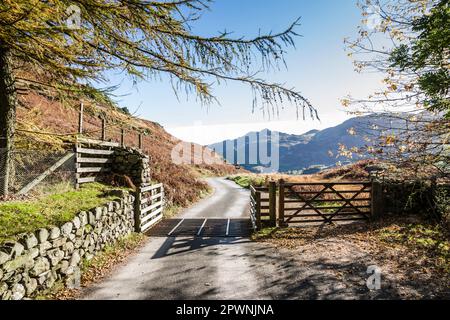 Die Straße hinauf nach Blea Tarn von Little Langdale, English Lake District. Stockfoto