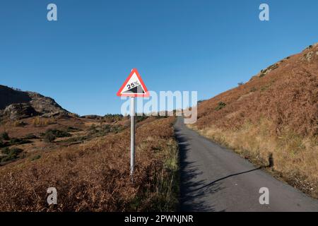 Die steile Straße führt von Little Langdale, English Lake District, hinauf nach Blea Tarn. Stockfoto