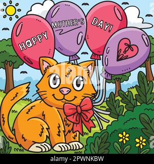 Happy Mütters Day Cat Und Ballons Colored Cartoon Stock Vektor