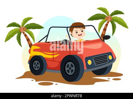 Off-Road-Illustration mit kleinen Kindern, die einen Jeep fahren, um in flachem, von Hand gezogenem Cartoon durch Sandgelände zu fahren Stockfoto