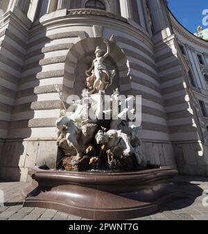 Die Macht der Wasserfontäne am Wasserbrunnen des Bildhauers Rudolf Weyr um 1895 in Wien, Österreich Stockfoto