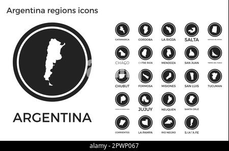 Symbole für Regionen in Argentinien. Schwarze runde Logos mit Karten und Titeln der jeweiligen Region. Vektordarstellung. Stock Vektor