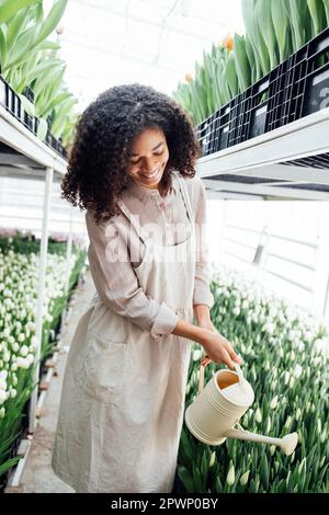 Attraktiver glücklicher dunkelhäutiger Gärtner in hellen Schürzenwasser Blumen aus der Gießkanne. Ein lächelndes afrikanisches Mädchen arbeitet im Gewächshaus unter verschiedenen Typen Stockfoto