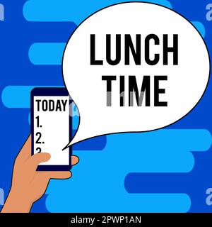 Text zeigt Inspiration Mittagszeit, Internetkonzept Mahlzeit in der Mitte des Tages nach dem Frühstück und vor dem Abendessen Stockfoto