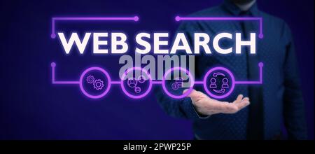 Textunterschrift mit Websuche, Business Approach-Softwaresystem für die Suche nach Informationen im Internet Stockfoto