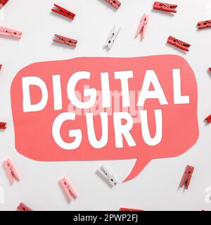 Schild mit digitalem Guru, Wort auf Lehrerin und intellektueller Leitfaden zu Fragen von grundlegender Bedeutung für die Elektronik Stockfoto