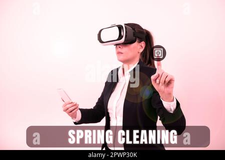 Textüberschrift Vortrag Frühjahrsputz, Geschäftskonzeptionspraxis einer gründlichen Hausreinigung im Frühling Stockfoto