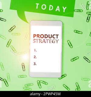 Konzeptionelle Überschrift Produktstrategie, Wort für langfristige Planentwicklung einer erfolgreichen Produktproduktion Stockfoto