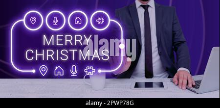 Textunterschrift präsentiert Frohe Weihnachten, Geschäftskonzept jährliche Tradition zur Feier der Geburt Jesu Christi Stockfoto