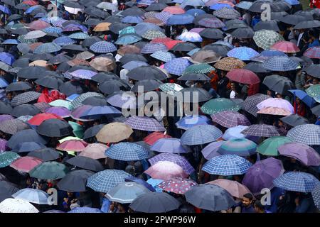 Kathmandu, NE, Nepal. 1. Mai 2023. Nepalesische Cricketfans verwenden Regenschirme, um sich während des Finales des ACC Männer Primer Cup am 1. Mai 2023 in Kathmandu, Nepal, vor Regen zu schützen. Das Spiel konnte aufgrund des Regens nicht an einem Tag beendet werden. (Kreditbild: © Aryan Dhimal/ZUMA Press Wire) NUR REDAKTIONELLE VERWENDUNG! Nicht für den kommerziellen GEBRAUCH! Kredit: ZUMA Press, Inc./Alamy Live News Stockfoto