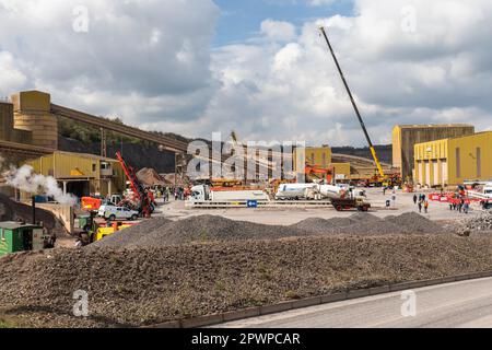 Whatley Quarry, öffentlicher Tag der offenen Tür. Hanson plc Kalksteinbruch, Frome, Somerset, England, Großbritannien Stockfoto