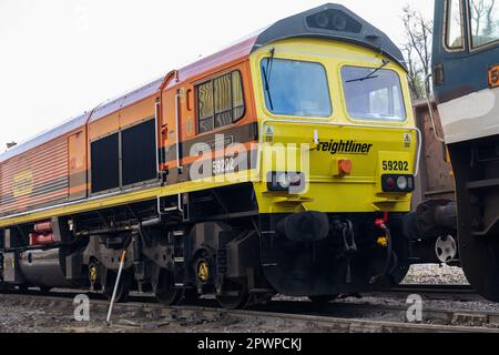 Freightliner 59202, Stolz des Ferrybridge-Zuges, ausgestellt am Whatley Quarry Open Day, Kalksteinbruch, Frome, Somerset, England, UK Stockfoto