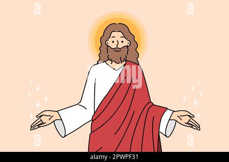 Jesus Christus, sich die Hände zu strecken, heißt Gläubige willkommen. Gott schenke den Menschen Liebe und Schutz. Religion und Glaube. Vektordarstellung. Stockfoto