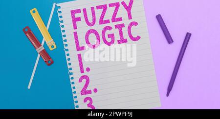 Textunterschrift mit Fuzzy Logic, im System geschriebenem Wort, in dem die Anweisung wahr oder falsch sein kann, oder einem beliebigen Wert dazwischen Stockfoto
