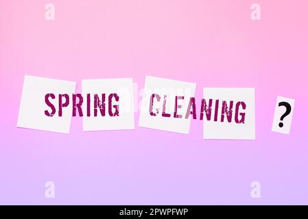 Textüberschrift Vortrag Frühjahrsputz, Geschäftsidee Praxis der gründlichen Hausreinigung im Frühling Stockfoto