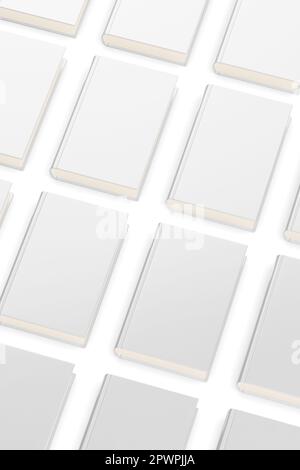 Leere weiße, gebundene Bücher auf weißem Hintergrund. 3D-Darstellungsmodell. Stockfoto