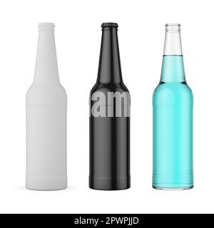 Crear Bierflaschen. Set aus weißen, schwarzen, transparenten Flaschen für die Modellerstellung. 3D-Rendering-Abbildung. Stockfoto