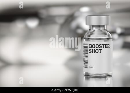 Auffrischimpfstoff in Glasfläschchen. 3D-Rendering-Abbildung. Stockfoto