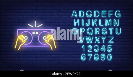 Hands on DJ Mixer Neon-Schild Stock Vektor