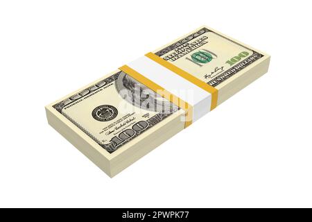 Bündel von 100-Dollar-Banknoten, isoliert auf weißem Hintergrund. 3D-Rendering-Abbildung. Stockfoto