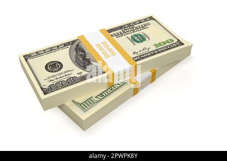 Zwei Bündel US-100-Dollar-Banknoten, isoliert auf weißem Hintergrund. 3D-Rendering-Abbildung. Stockfoto