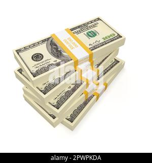 Fünf Bündel US-100-Dollar-Banknoten, isoliert auf weißem Hintergrund. 3D-Rendering-Abbildung. Stockfoto