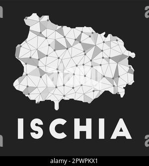 Ischia - Karte des Kommunikationsnetzes der Insel. Ischia trendiges geometrisches Design auf dunklem Hintergrund. Stock Vektor
