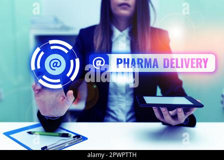 Schreiben mit Text Pharma Delivery, Word für die Zustellung Ihrer Rezepte direkt von der Apotheke an Sie Stockfoto
