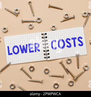 Schild mit niedrigeren Kosten, konzeptionelles Foto das Unternehmen setzt einen niedrigen Preis fest, um die Produktnachfrage zu erhöhen Stockfoto
