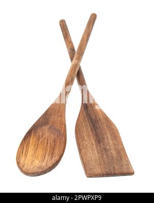 Holzlöffel, Spatel und ein Walznadel isoliert auf weißem Hintergrund Stockfoto