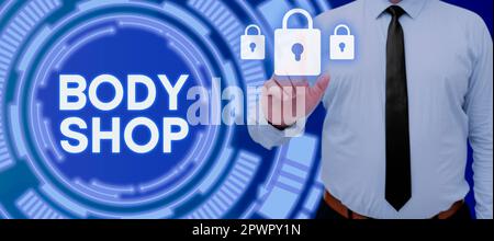 Schreiben mit Textanzeige Karosseriewerkstatt, Konzept bedeutet, dass eine Werkstatt, in der Karosserien hergestellt oder repariert werden Stockfoto