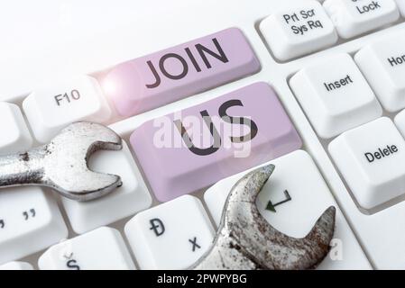 Inspiration zeigt Zeichen Join US, Word Geschrieben auf in der Community registrieren Team oder Blog Melden Sie sich bei Social Media an Stockfoto