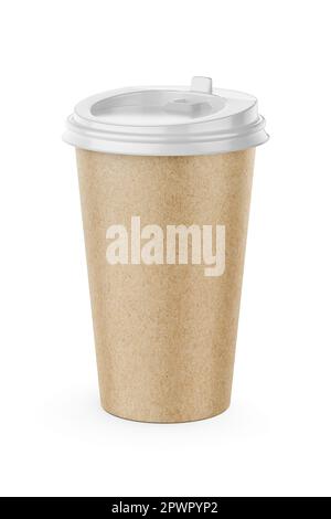 Brauner 500-ml-Einweg-Kaffeetasse aus Papier mit Kunststoffdeckel isoliert auf weißem Hintergrund, 3D-Darstellung. Stockfoto