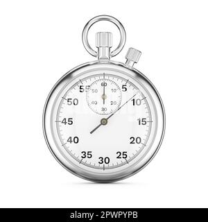 Mechanische analoge Stoppuhr in Metallic-Silber, isoliert auf weißem Hintergrund. 3D-Rendering-Abbildung. Stockfoto