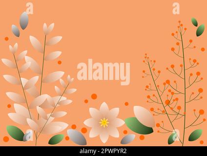 Kreatives Layout aus Herbstblättern und Blumen auf orangefarbenem Hintergrund. Naturkonzept. Darstellung des natürlichen Hintergrunds für Frühling oder Herbst. Stockfoto