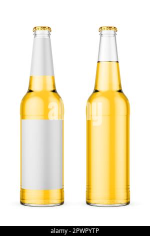 Bierflasche, sauber und mit Etikett auf weiß isoliert. Klarglas, gelb. Sauberes Etikett, kann als Modell verwendet werden. 3D-Rendering-Abbildung. Stockfoto