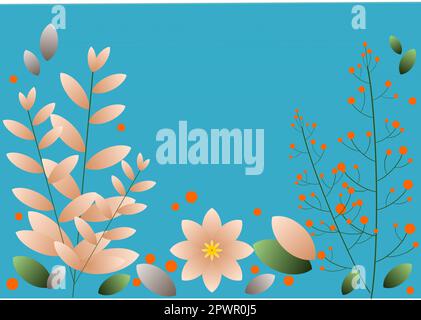 Kreatives Layout aus Herbstblättern und Blumen auf blauem Hintergrund. Naturkonzept. Darstellung des natürlichen Hintergrunds im Frühling oder Sommer. Stockfoto