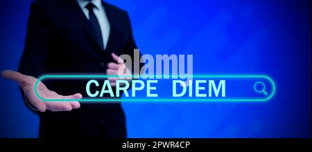 Konzeptausstellung Carpe Diem, Wort geschrieben über ein öffentliches Festival, auf dem Menschen Musik und Tanz spielen Stockfoto