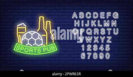 Sport Pub Neontext mit Fußball und Bier Stock Vektor