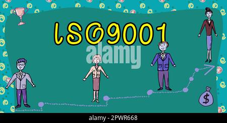 Handgeschriebenes Schild ISO9001, Geschäftsidee der entsprechende internationale Standard wird befolgt, um die Anforderungen des Kunden zu erfüllen Stockfoto