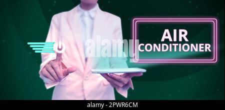 Schild mit Klimaanlage, Business-Approach-Gerät zum Waschen von Luft und zur Regelung von Luftfeuchtigkeit und Temperatur Stockfoto